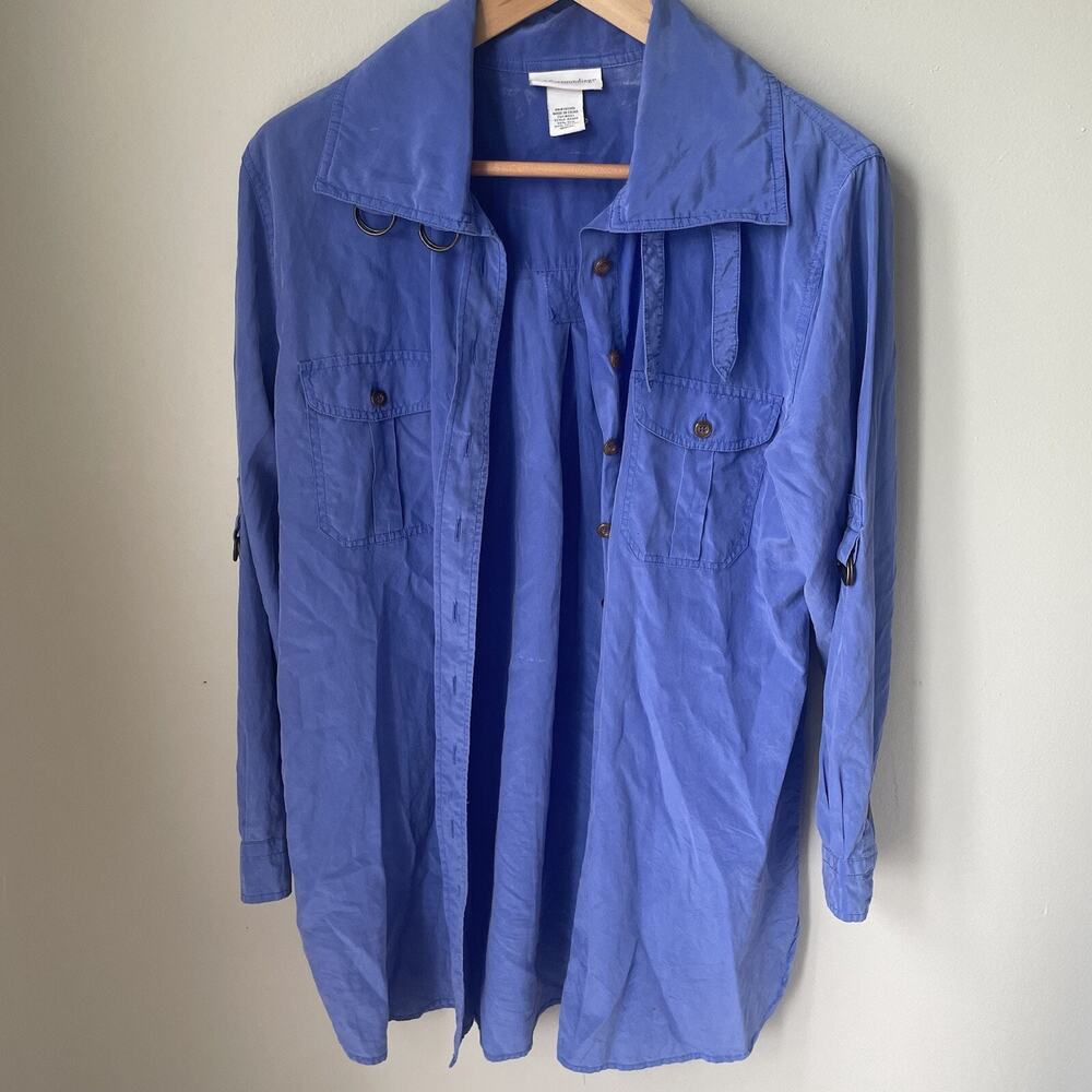 Soft Surroundings Shirt Women's Med Blue Button Blouse Neck Buckle‎ Silk Blend